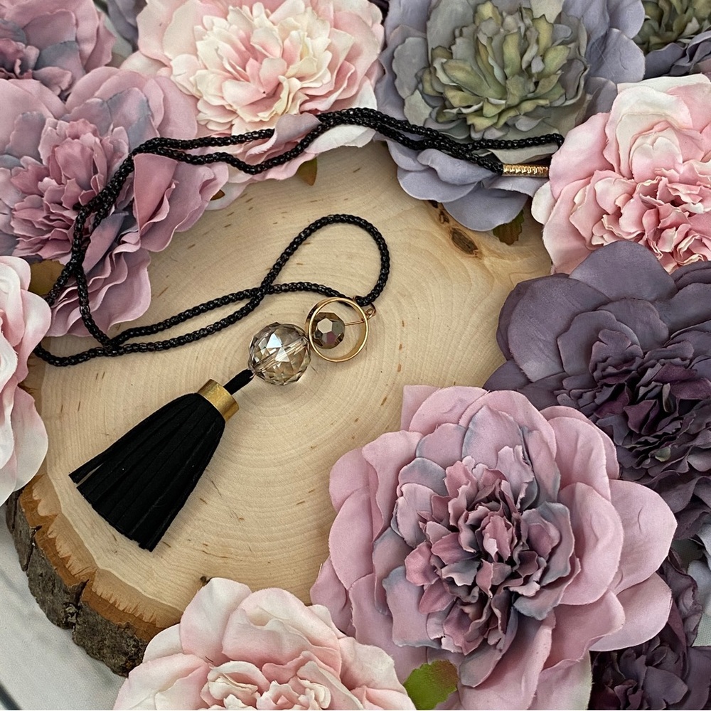 Chic Clear Sphere Long Black and Gold Tassel Necklace - Picture 6 of 11